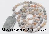 GMN5135 Hand-knotted 8mm, 10mm matte bamboo leaf agate 108 beads mala necklace with pendant