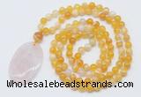 GMN5150 Hand-knotted 8mm, 10mm yellow banded agate 108 beads mala necklace with pendant