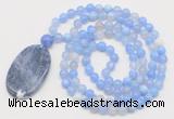 GMN5153 Hand-knotted 8mm, 10mm blue banded agate 108 beads mala necklace with pendant