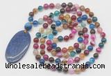 GMN5156 Hand-knotted 8mm, 10mm colorful banded agate 108 beads mala necklace with pendant