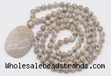 GMN5169 Hand-knotted 8mm, 10mm feldspar 108 beads mala necklace with pendant