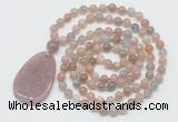 GMN5203 Hand-knotted 8mm, 10mm moonstone 108 beads mala necklace with pendant