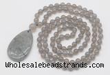 GMN5205 Hand-knotted 8mm, 10mm grey agate 108 beads mala necklace with pendant