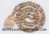 GMN5223 Hand-knotted 8mm, 10mm picture jasper 108 beads mala necklace with pendant