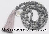 GMN5703 Hand-knotted 6mm matte black water jasper 108 beads mala necklaces with tassel & charm