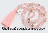 GMN5707 Hand-knotted 6mm matte volcano cherry quartz 108 beads mala necklaces with tassel & charm