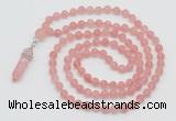 GMN5901 Hand-knotted 6mm matte cherry quartz 108 beads mala necklaces with pendant