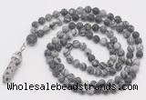 GMN5909 Hand-knotted 6mm matte black water jasper 108 beads mala necklaces with pendant