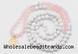 GMN6002 Knotted 8mm, 10mm rose quartz & white howlite 108 beads mala necklace with charm