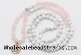 GMN6003 Knotted 8mm, 10mm rose quartz & white howlite 108 beads mala necklace with charm