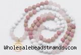 GMN6004 Knotted 8mm, 10mm white howlite, pink jasper & rose quartz 108 beads mala necklace with charm