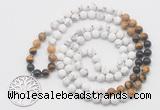 GMN6008 Knotted 8mm, 10mm matte white howlite & mixed gemstone 108 beads mala necklace with charm