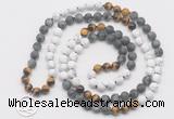 GMN6009 Knotted 8mm, 10mm matte white howlite & black labradorite 108 beads mala necklace with charm