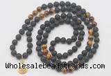 GMN6015 Knotted 8mm, 10mm black lava & yellow tiger eye 108 beads mala necklace with charm