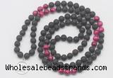 GMN6016 Knotted 8mm, 10mm black lava & red tiger eye 108 beads mala necklace with charm