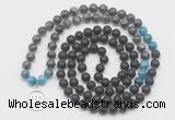 GMN6018 Knotted 8mm, 10mm matte black agate, black labradorite & apatite 108 beads mala necklace with charm