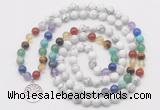 GMN6021 Knotted 7 Chakra 8mm, 10mm white howlite 108 beads mala necklace with charm