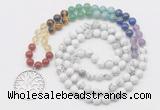 GMN6022 Knotted 7 Chakra 8mm, 10mm white howlite 108 beads mala necklace with charm