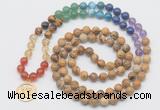 GMN6025 Knotted 7 Chakra 8mm, 10mm picture jasper 108 beads mala necklace with charm