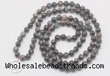 GMN6031 Knotted 8mm, 10mm grey opal 108 beads mala necklace with charm