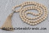 GMN604 Hand-knotted 8mm, 10mm white fossil jasper 108 beads mala necklaces with tassel