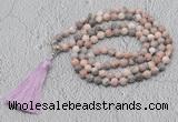 GMN605 Hand-knotted 8mm, 10mm pink zebra jasper 108 beads mala necklaces with tassel