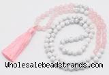 GMN6102 Knotted 8mm, 10mm rose quartz & white howlite 108 beads mala necklace with tassel