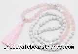 GMN6103 Knotted 8mm, 10mm rose quartz & white howlite 108 beads mala necklace with tassel