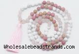 GMN6104 Knotted 8mm, 10mm white howlite, pink jasper & rose quartz 108 beads mala necklace with tassel