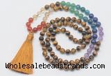 GMN6124 Knotted 7 Chakra 8mm, 10mm yellow tiger eye 108 beads mala necklace with tassel