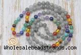 GMN6137 Knotted 7 Chakra 8mm, 10mm labradorite 108 beads mala necklace with charm