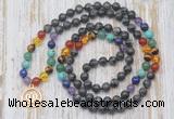 GMN6138 Knotted 7 Chakra 8mm, 10mm black labradorite 108 beads mala necklace with charm