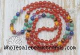 GMN6141 Knotted 7 Chakra 8mm, 10mm red agate 108 beads mala necklace with charm