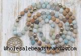 GMN6144 Knotted 8mm, 10mm matte amazonite & picture jasper 108 beads mala necklace with charm