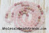 GMN6151 Knotted 8mm, 10mm rose quartz & pink wooden jasper 108 beads mala necklace with charm