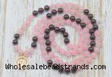 GMN6152 Knotted 8mm, 10mm rose quartz & garnet 108 beads mala necklace with charm