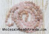 GMN6155 Knotted 8mm, 10mm sunstone, rose quartz & white jade 108 beads mala necklace with charm