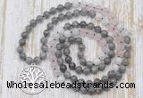 GMN6156 Knotted 8mm, 10mm labradorite, rose quartz & white moonstone 108 beads mala necklace with charm