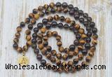 GMN6158 Knotted 8mm, 10mm yellow tiger eye, garnet & smoky quartz 108 beads mala necklace with charm