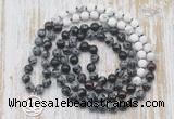 GMN6159 Knotted 8mm, 10mm snowflake obsidian, garnet & matte white howlite 108 beads mala necklace with charm