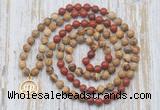 GMN6160 Knotted 8mm, 10mm picture jasper & red jasper 108 beads mala necklace with charm