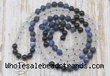 GMN6166 Knotted 8mm, 10mm matte sodalite, white crystal  & black agate 108 beads mala necklace with charm