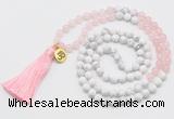 GMN6202 Knotted rose quartz & white howlite 108 beads mala necklace with tassel & charm