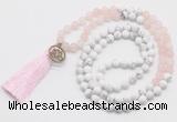 GMN6203 Knotted matte rose quartz & white howlite 108 beads mala necklace with tassel & charm