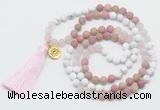 GMN6204 Knotted white howlite, pink jasper & rose quartz 108 beads mala necklace with tassel & charm