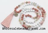 GMN6205 Knotted white howlite, cherry quartz & red jasper 108 beads mala necklace with tassel & charm