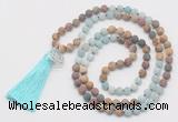 GMN6207 Knotted 8mm, 10mm matte amazonite & jasper 108 beads mala necklace with tassel & charm