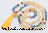 GMN6220 Knotted 7 Chakra honey jade 108 beads mala necklace with tassel & charm