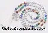 GMN6221 Knotted 7 Chakra white howlite 108 beads mala necklace with tassel & charm