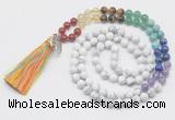 GMN6222 Knotted 7 Chakra white howlite 108 beads mala necklace with tassel & charm